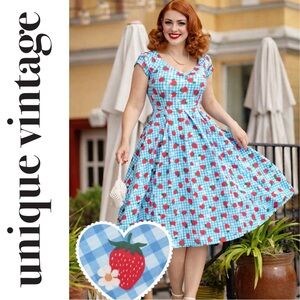 Unique Vintage Blue Gingham & Strawberry Print Lily Swing Dress, XL, NWT!